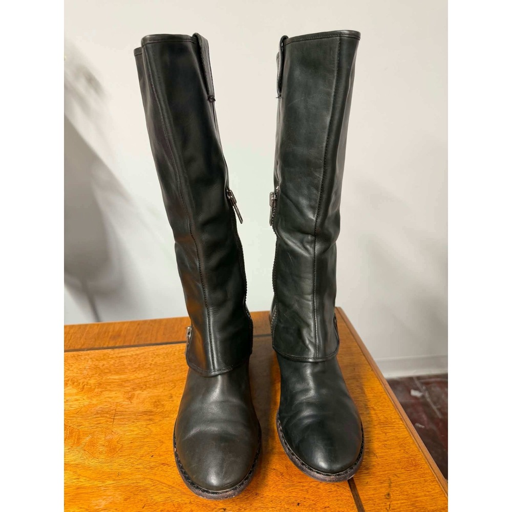 Kork-Ease Womens 9 Kayla II Black Leather Tall Boots Dual Zip Block Heel